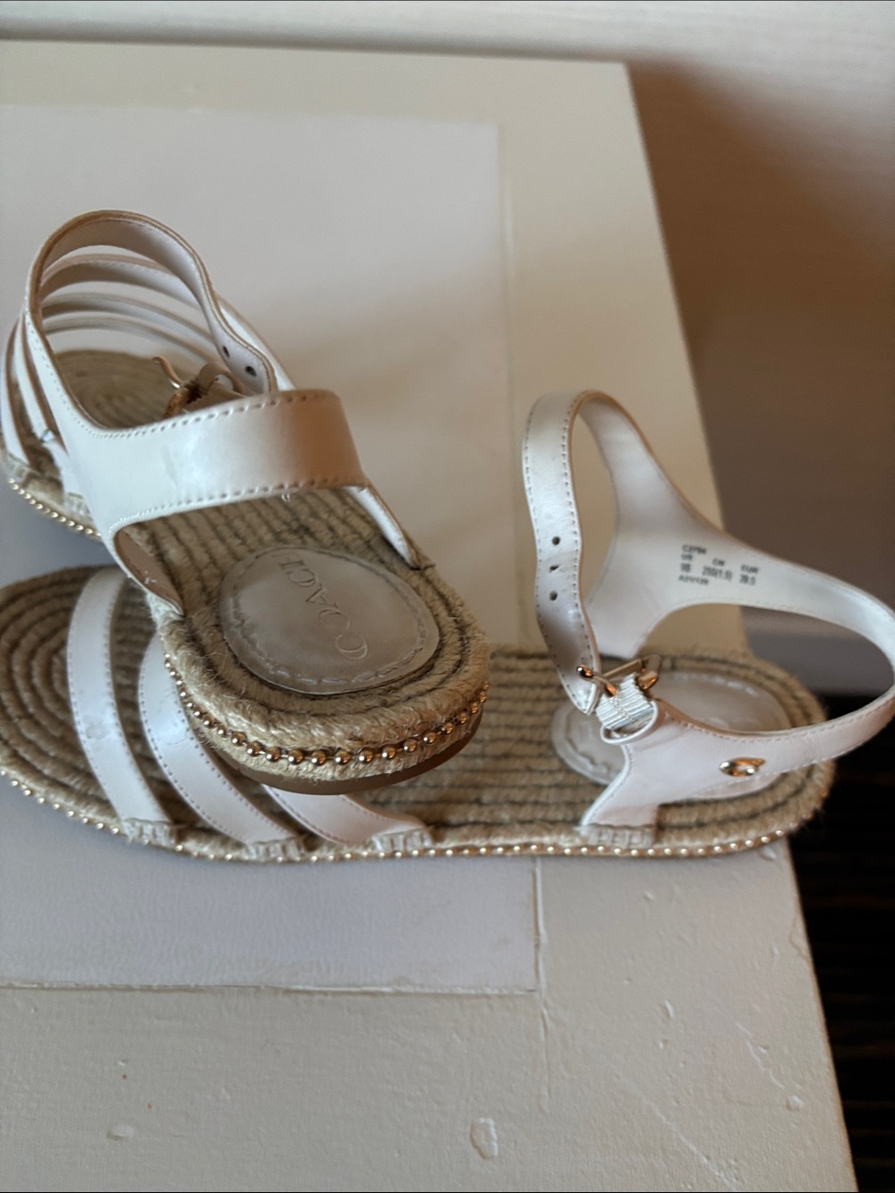Coach White Leather Espadrille Sandals with Gold Accents - Picture 8 of 9